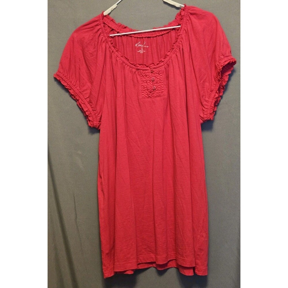 Kim Rogers Womens XL Red Blouse Ruffle Neck Button Front Short Sleeve Cotton Top